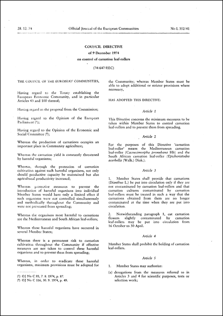 Council Directive 74/647/EEC of 9 December 1974 on control of carnation leaf-rollers