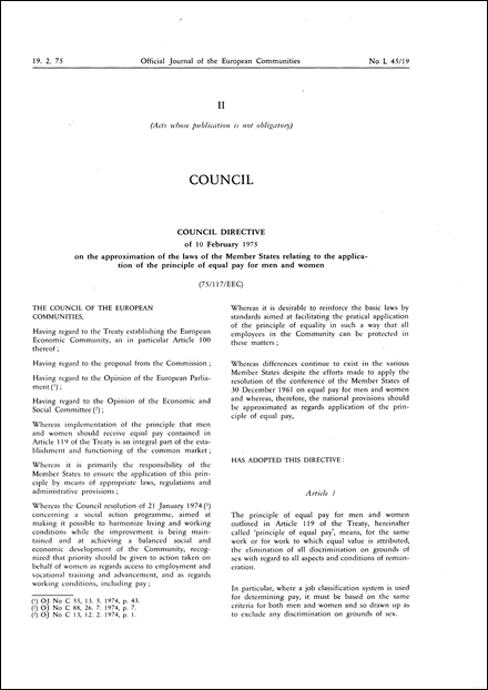 Council Directive 75/117/EEC of 10 February 1975 on the approximation of the laws of the Member States relating to the application of the principle of equal pay for men and women