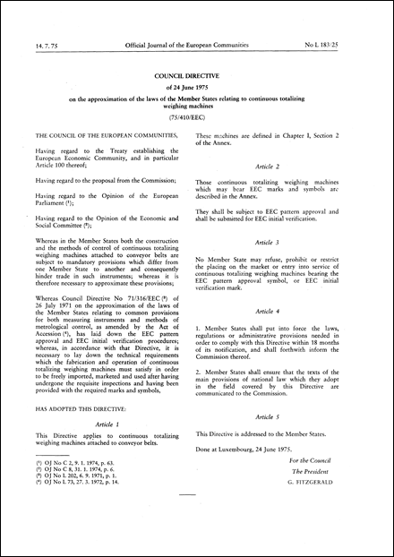 Council Directive 75/410/EEC of 24 June 1975 on the approximation of the laws of the Member States relating to continuous totalizing weighing machines