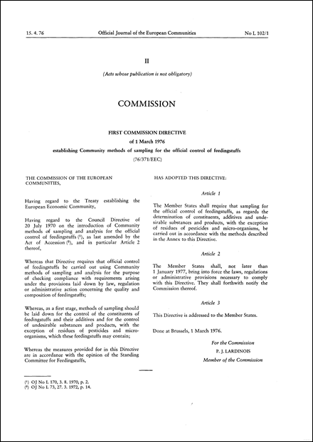 First Commission Directive 76/371/EEC of 1 March 1976 establishing Community methods of sampling for the official control of feedingstuffs