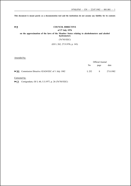 Council Directive 76/765/EEC of 27 July 1976 on the approximation of the laws of the Member States relating to alcoholometers and alcohol hydrometers