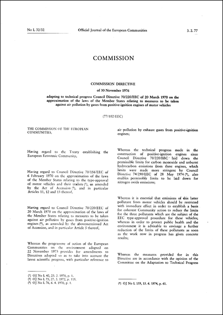 Commission Directive 77/102/EEC of 30 November 1976 adapting to technical progress Council Directive 70/220/EEC of 20 March 1970 on the approximation of the laws of the Member States relating to measures to be taken against air pollution by gases from positive- ignition engines of motor vehicles