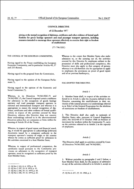 Council Directive 77/796/EEC of 12 December 1977 aiming at the mutual recognition of diplomas, certificates and other evidence of formal qualifications for goods haulage operators and road passenger transport operators, including measures intended to encourage these operators effectively to exercise their right to freedom of establishment