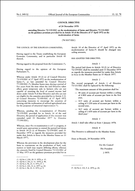Council Directive 78/1017/EEC of 24 November 1978 amending Directive 72/159/EEC on the modernization of farms and Directive 73/131/EEC on the guidance premium provided for in Article 10 of the Directive of 17 April 1972 on the modernization of farms