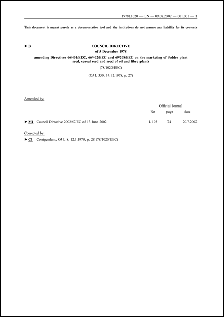 Council Directive 78/1020/EEC of 5 December 1978 amending Directives 66/401/EEC, 66/402/EEC and 69/208/EEC on the marketing of fodder plant seed, cereal seed of oil and fibre plants