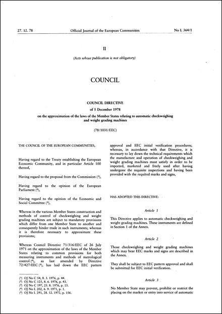 Council Directive 78/1031/EEC of 5 December 1978 on the approximation of the laws of the Member States relating to automatic checkweighing and weight grading machines