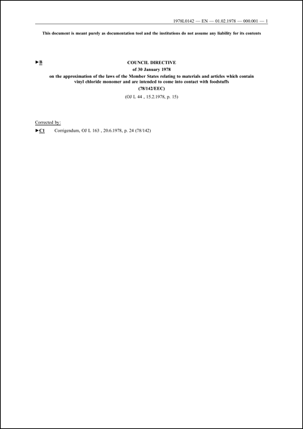 Council Directive 78/142/EEC of 30 January 1978 on the approximation of the laws of the Member States relating to materials and articles which contain vinyl chloride monomer and are intended to come into contact with foodstuffs