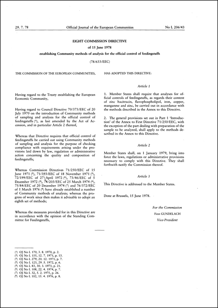 Eighth Commission Directive 78/633/EEC of 15 June 1978 establishing Community methods of analysis for the official control of feedingstuffs (repealed)
