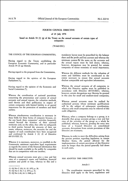 Fourth Council Directive 78/660/EEC of 25 July 1978 based on Article 54 (3) (g) of the Treaty on the annual accounts of certain types of companies (repealed)
