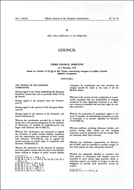 Third Council Directive 78/855/EEC of 9 October 1978 based on Article 54 (3) (g) of the Treaty concerning mergers of public limited liability companies (repealed)