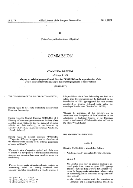Commission Directive 79/488/EEC of 18 April 1979 adapting to technical progress Council Directive 74/483/EEC on the approximation of the laws of the Member States relating to the external projections of motor vehicles