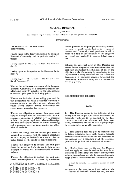 Council Directive 79/581/EEC of 19 June 1979 on consumer protection in the indication of the prices of foodstuffs