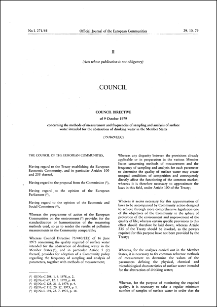 Council Directive 79/869/EEC of 9 October 1979 concerning the methods of measurement and frequencies of sampling and analysis of surface water intended for the abstraction of drinking water in the Member States (repealed)