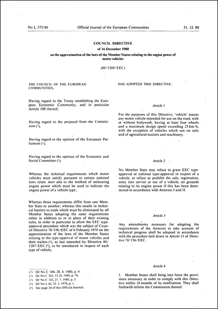 Council Directive 80/1269/EEC of 16 December 1980 on the approximation of the laws of the Member States relating to the engine power of motor vehicles (repealed)
