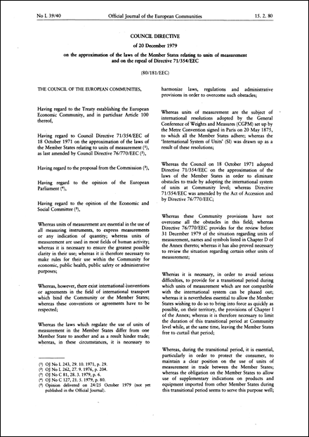 Council Directive 80/181/EEC of 20 December 1979 on the approximation of the laws of the Member States relating to units of measurement and on the repeal of Directive 71/354/EEC