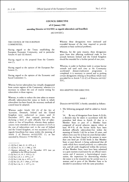 Council Directive 80/219/EEC of 22 January 1980 amending Directive 64/432/EEC as regards tuberulosis and brucellosis