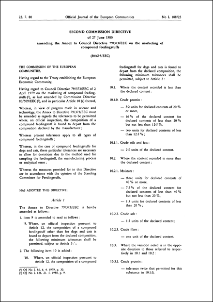 Second Commission Directive 80/695/EEC of 27 June 1980 amending the Annex to Council Directive 79/373/EEC on the marketing of compound feedingstuffs
