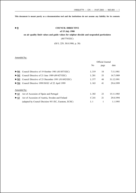 Council Directive 80/779/EEC of 15 July 1980 on air quality limit values and guide values for sulphur dioxide and suspended particulates