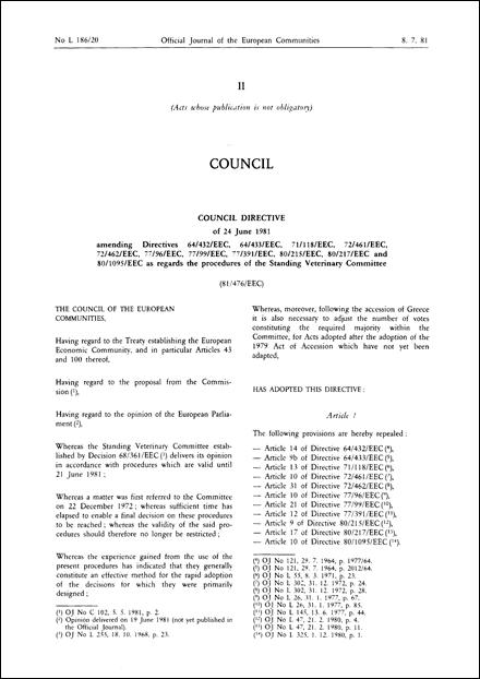 Council Directive 81/476/EEC of 24 June 1981 amending Directives 64/432/EEC, 64/433/EEC, 71/118/EEC, 72/461/EEC, 72/462/EEC, 77/96/EEC, 77/99/EEC, 77/391/EEC, 80/215/EEC, 80/217/EEC and 80/1095/EEC as regards the procedures of the Standing Veterinary Committee