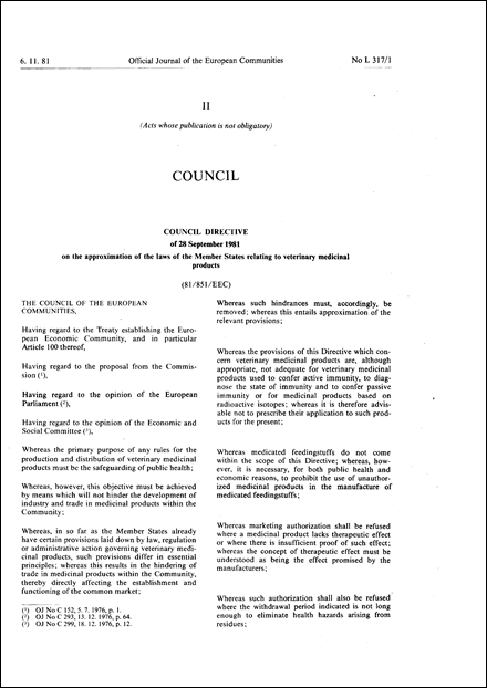 Council Directive 81/851/EEC of 28 September 1981 on the approximation of the laws of the Member States relating to veterinary medicinal products