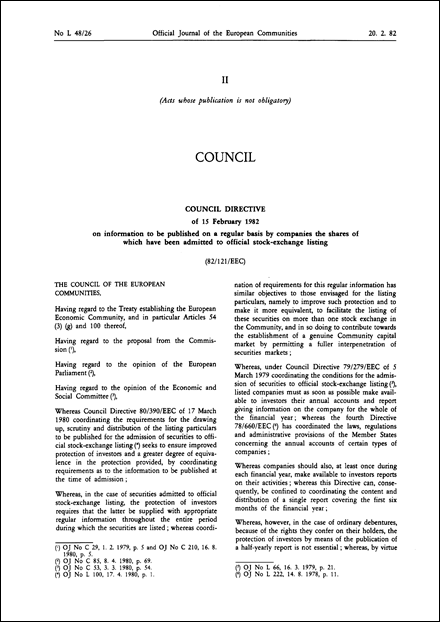 Council Directive 82/121/EEC of 15 February 1982 on information to be published on a regular basis by companies the shares of which have been admitted to official stock-exchange listing
