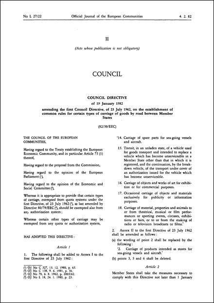 Council Directive 82/50/EEC of 19 January 1982 amending the first Council Directive, of 23 July 1962, on the establishment of common rules for certain types of carriage of goods by road between Member States