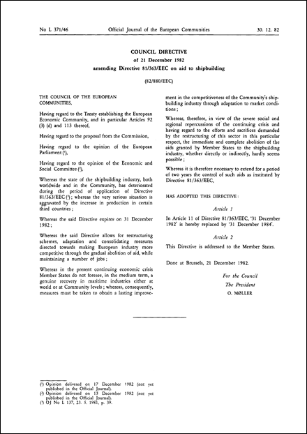 Council Directive 82/880/EEC of 21 December 1982 amending Directive 81/363/EEC on aid to shipbuilding