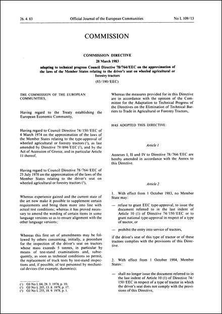 Commission Directive 83/190/EEC 28 March 1983 adapting to technical progress Council Directive 78/764/EEC on the approximation of the laws of the Member States relating to the driver's seat on wheeled agricultural or forestry tractors (repealed)