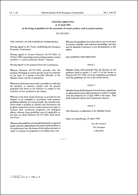 Council Directive 83/228/EEC of 18 April 1983 on the fixing of guidelines for the assessment of certain products used in animal nutrition