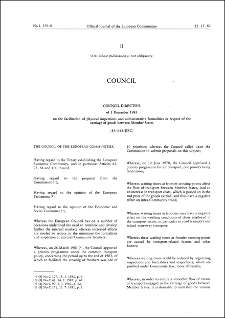 Council Directive 83/643/EEC of 1 December 1983 on the facilitation of physical inspections and administrative formalities in respect of the carriage of goods between Member States