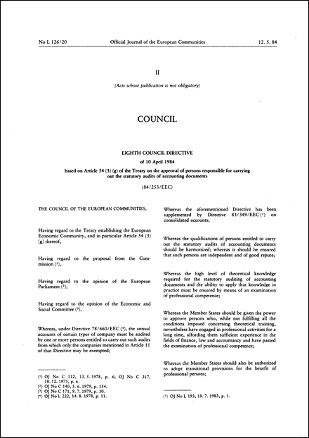 Eighth Council Directive 84/253/EEC of 10 April 1984 based on Article 54 (3) (g) of the Treaty on the approval of persons responsible for carrying out the statutory audits of accounting documents