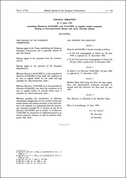 Council Directive 84/336/EEC of 19 June 1984 amending Directives 64/432/EEC and 72/461/EEC as regards certain measures relating to foot-and-mouth disease and swine vesicular disease