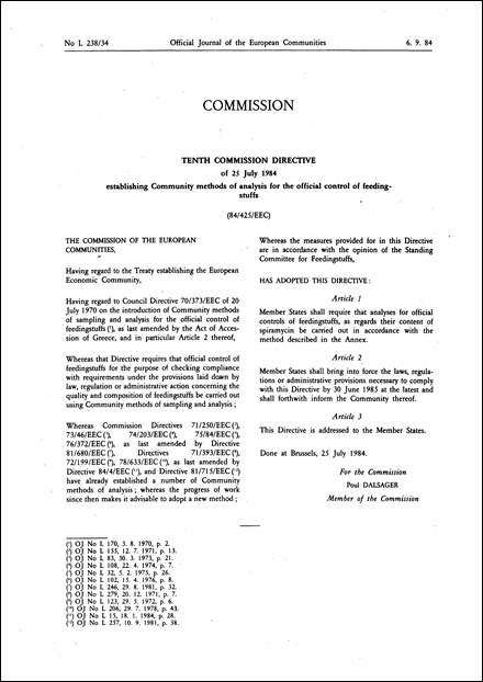 Tenth Commission Directive 84/425/EEC of 25 July 1984 establishing Community methods of analysis for the official control of feedingstuffs