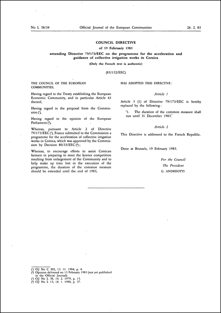 Council Directive 85/152/EEC of 19 February 1985 amending Directive 79/173/EEC on the programme for the acceleration and guidance of collective irrigation works in Corsica