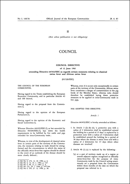 Council Directive 85/320/EEC of 12 June 1985 amending Directive 64/432/EEC as regards certain measures relating to classical swine fever and African swine fever