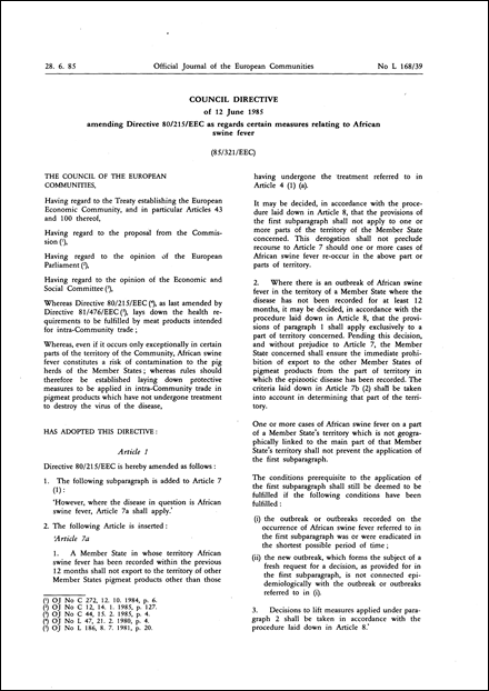 Council Directive 85/321/EEC of 12 June 1985 amending Directive 80/215/EEC as regards certain measures relating to African swine fever