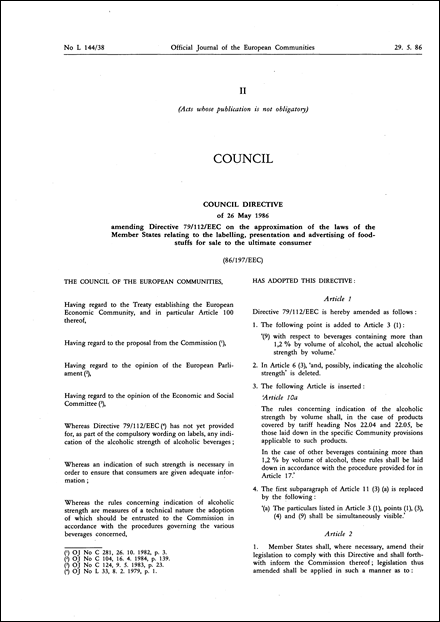 Council Directive 86/197/EEC of 26 May 1986 amending Directive 79/112/EEC on the approximation of the laws of the Member States relating to the labelling, presentation and advertising of foodstuffs for sale to the ultimate consumer