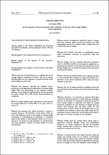 Council Directive 86/278/EEC of 12 June 1986 on the protection of the environment, and in particular of the soil, when sewage sludge is used in agriculture