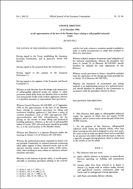 Council Directive 86/663/EEC of 22 December 1986 on the approximation of the laws of the Member States relating to self-propelled industrial trucks