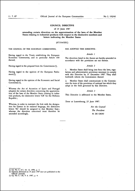 Council Directive 87/354/EEC of 25 June 1987 amending certain directives on the approximation of the laws of the Member States relating to industrial products with respect to the distinctive numbers and letters indicating the Member States