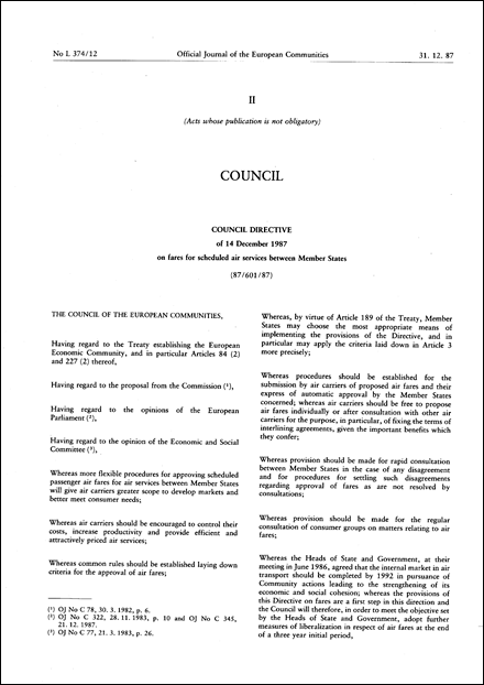 Council Directive 87/601/EEC of 14 December 1987 on fares for scheduled air services between Member States