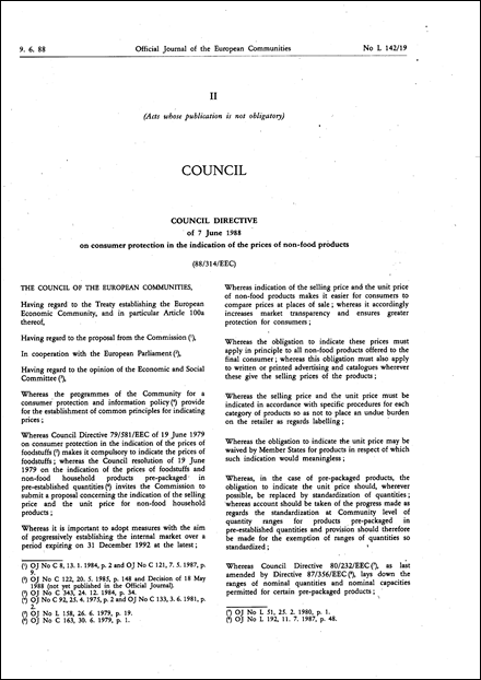 Council Directive 88/314/EEC of 7 June 1988 on consumer protection in the indication of the prices of non-food products