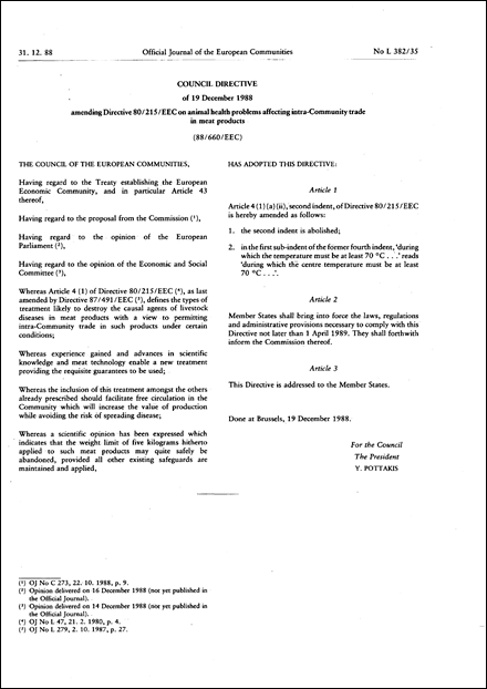 Council Directive 88/660/EEC of 19 December 1988 amending Directive 80/215/EEC on animal health problems affecting intra-Community trade in meat products