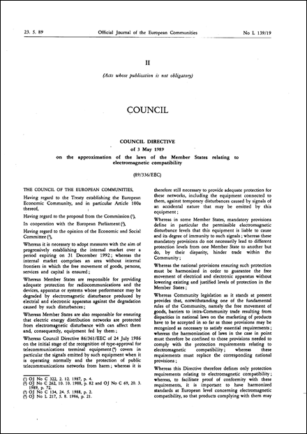 Council Directive 89/336/EEC of 3 May 1989 on the approximation of the laws of the Member States relating to electromagnetic compatibility (repealed)