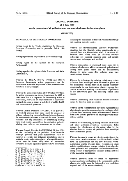 Council Directive 89/369/EEC of 8 June 1989 on the prevention of air pollution from new municipal waste incineration plants