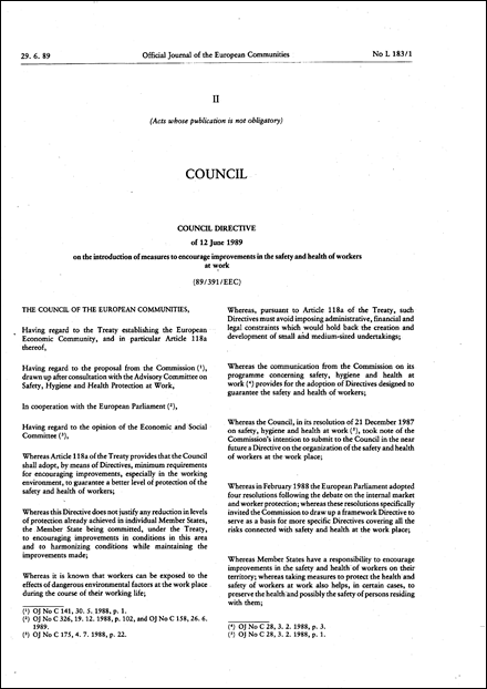 Council Directive 89/391/EEC of 12 June 1989 on the introduction of measures to encourage improvements in the safety and health of workers at work