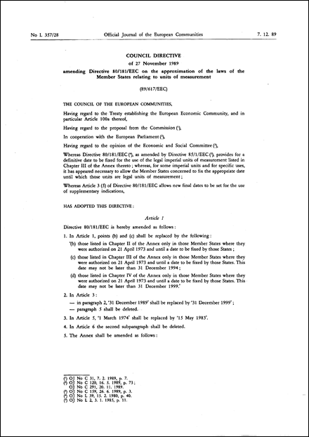 Council Directive 89/617/EEC of 27 November 1989 amending Directive 80/181/EEC on the approximation of the laws of the Member States relating to units of measurement