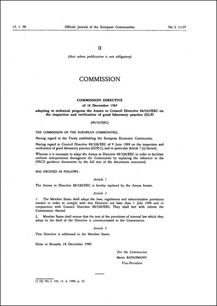 Commission Directive 90/18/EEC of 18 December 1989 adapting to technical progress the Annex to Council Directive 88/320/EEC on the inspection and verification of good laboratory practice (GLP)