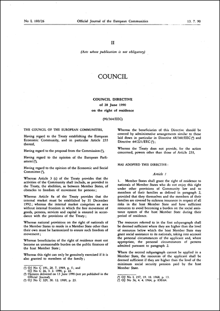 Council Directive 90/364/EEC of 28 June 1990 on the right of residence
