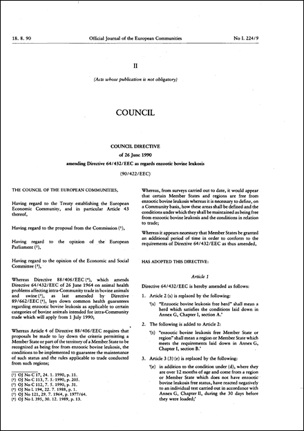 Council Directive 90/422/EEC of 26 june 1990 amending Directive 64/432/EEC as regards enzootic bovine leukosis